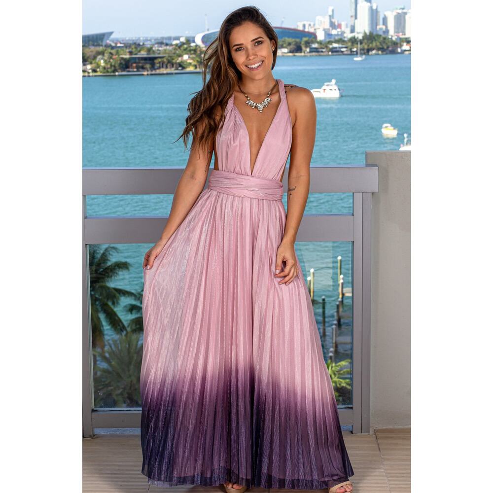 NWT* L'ATISTE Pink to Purple Ombre Plunge Midi Dress